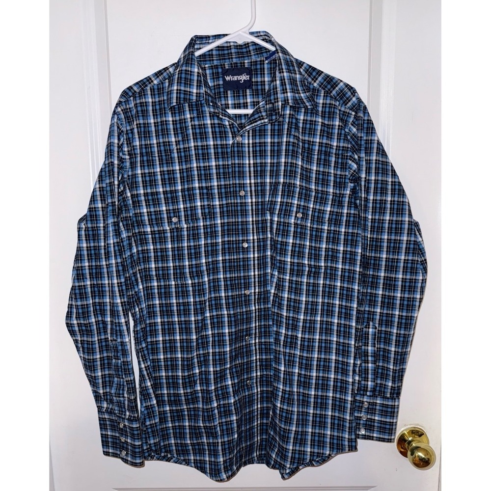 Wrangler Men's Pearl Snap Button Down Shirt‎ Size Medium Blue Plaid